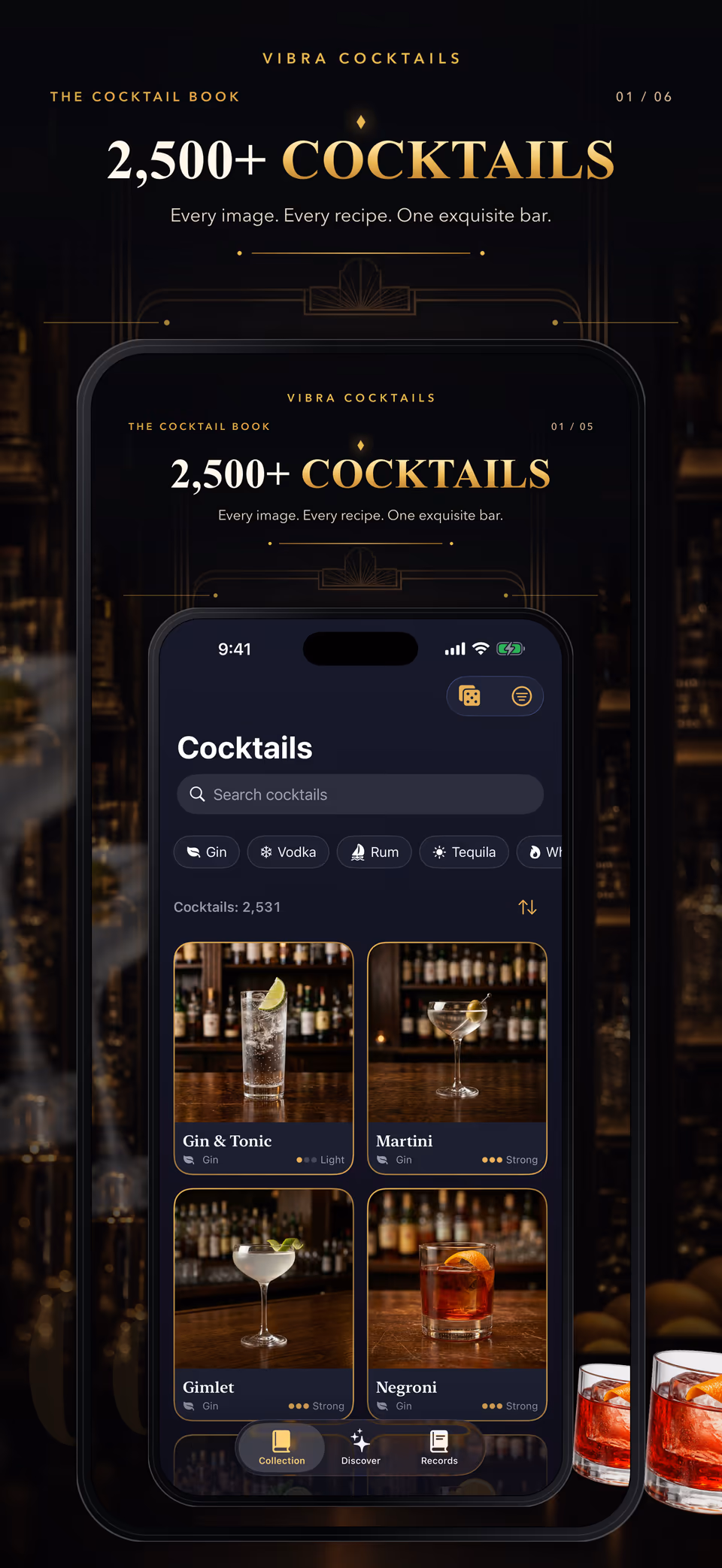 VIBRA Cocktails App Store card showing the collection with search and base-spirit filters