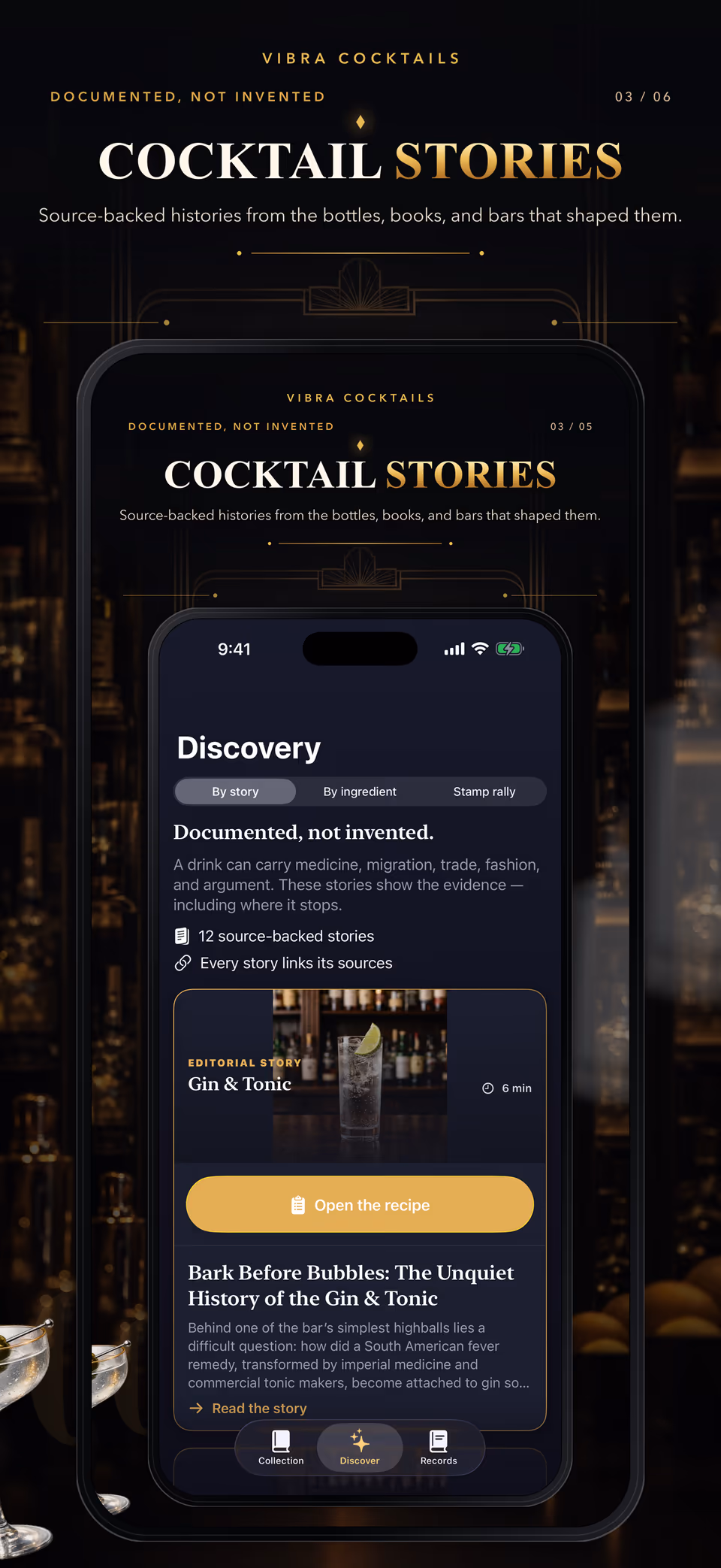 VIBRA Cocktails App Store card showing the Discover tab with sourced stories and stamp rally