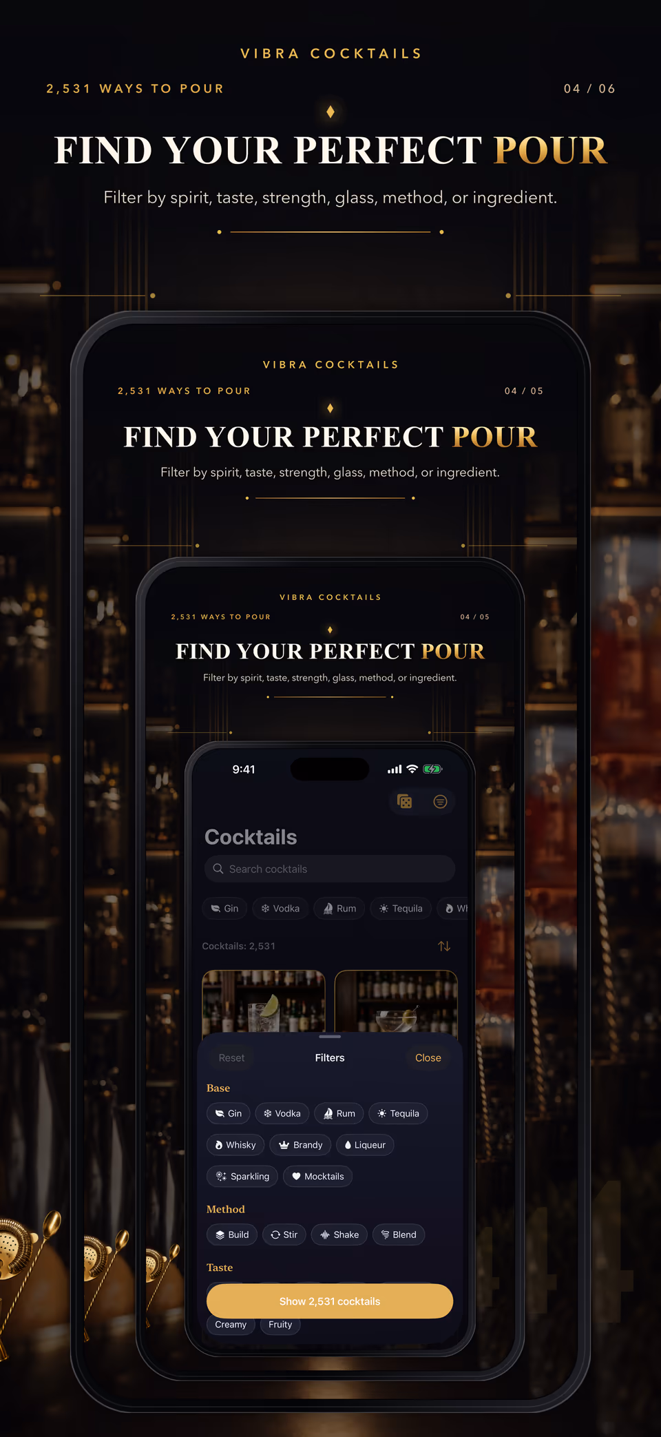 VIBRA Cocktails App Store card showing filters for base, method, and taste