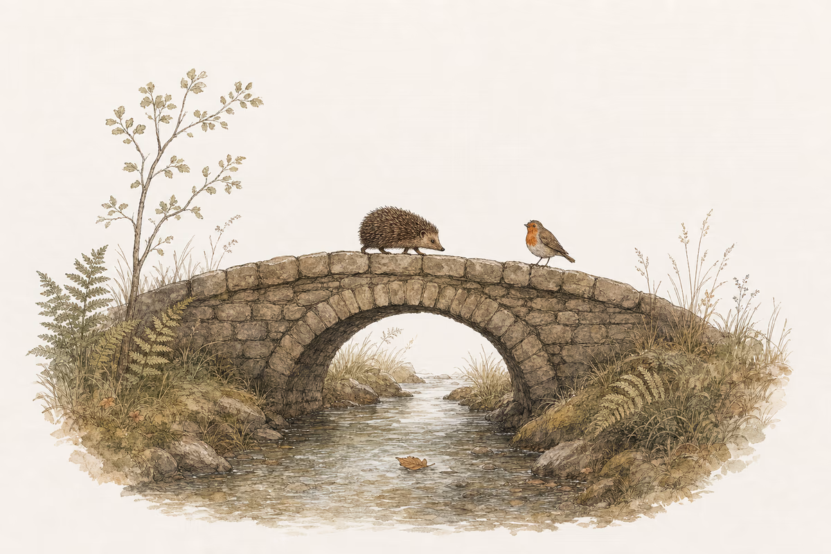 A brown hedgehog and a robin cross a stone bridge, its fitted arch supporting their journey.