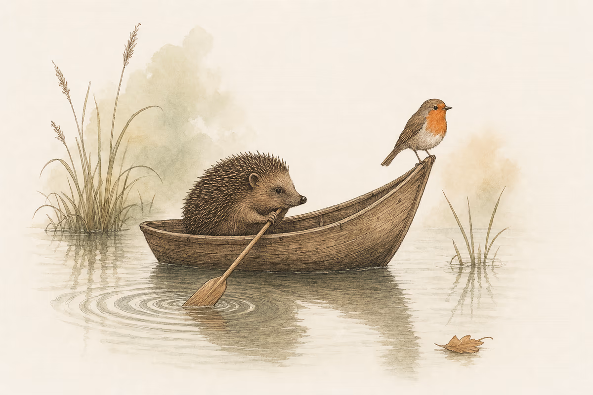 A hedgehog rows a small boat with a robin at the bow, ripples following the movement of its oar.