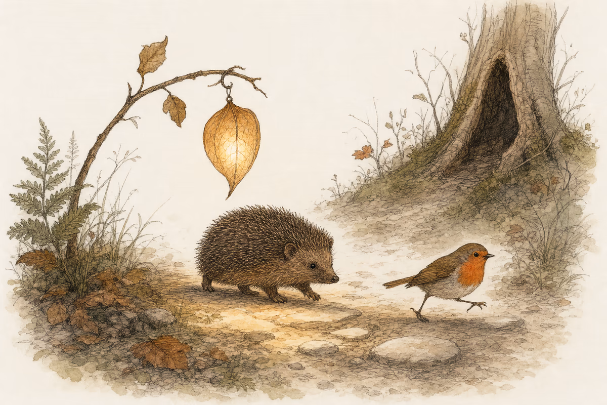 A leaf-shaped lantern beside a path lights the stepping stones ahead of a hedgehog and a robin.