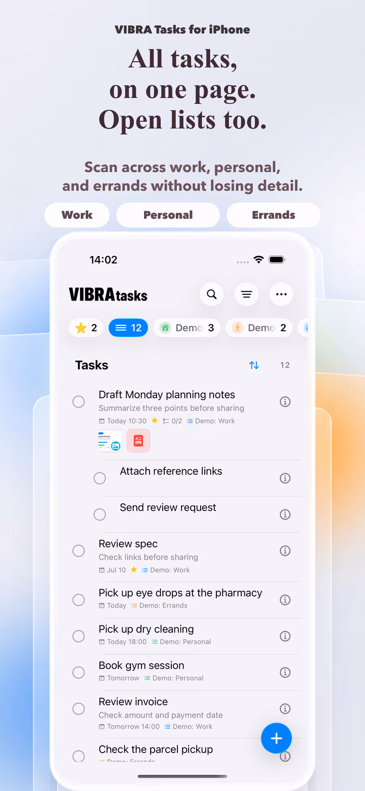 VIBRA Tasks App Store preview showing all tasks on one page with individual lists available