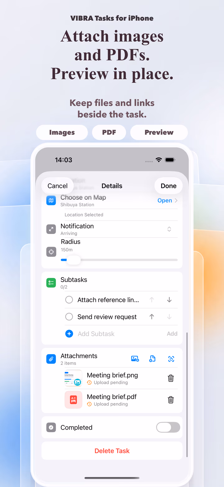 VIBRA Tasks App Store preview showing images, PDFs, and links attached to a task