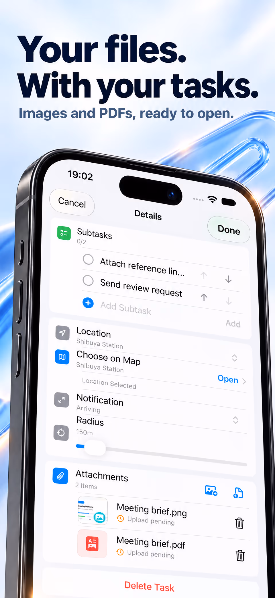 VIBRA Tasks App Store preview showing images, PDFs, and links attached to a task
