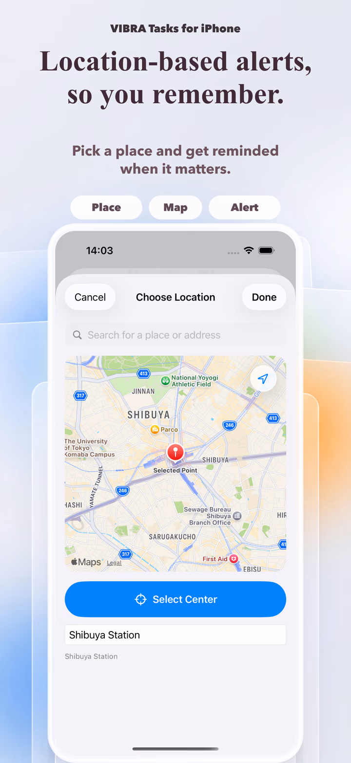 VIBRA Tasks App Store preview showing location-based reminders
