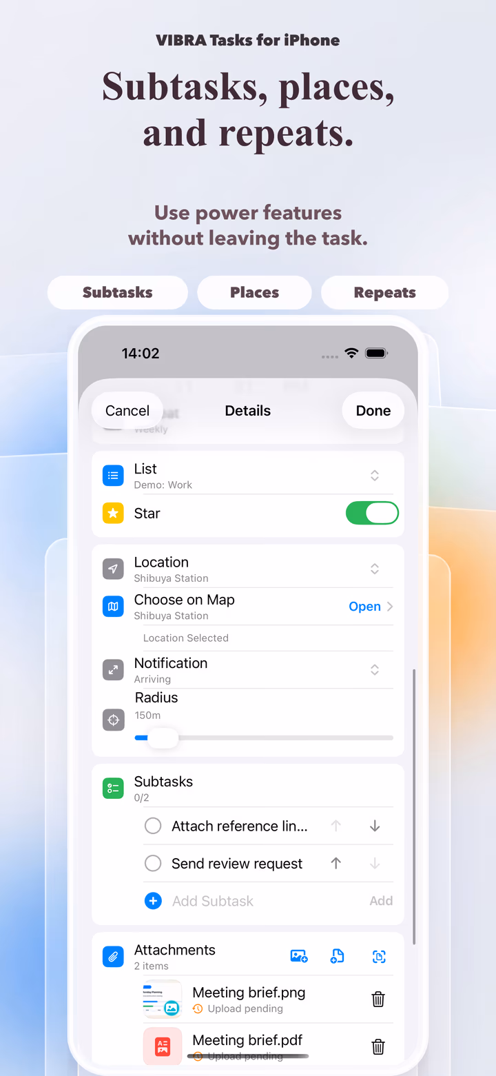 VIBRA Tasks App Store preview showing subtasks, due time, and advanced task details