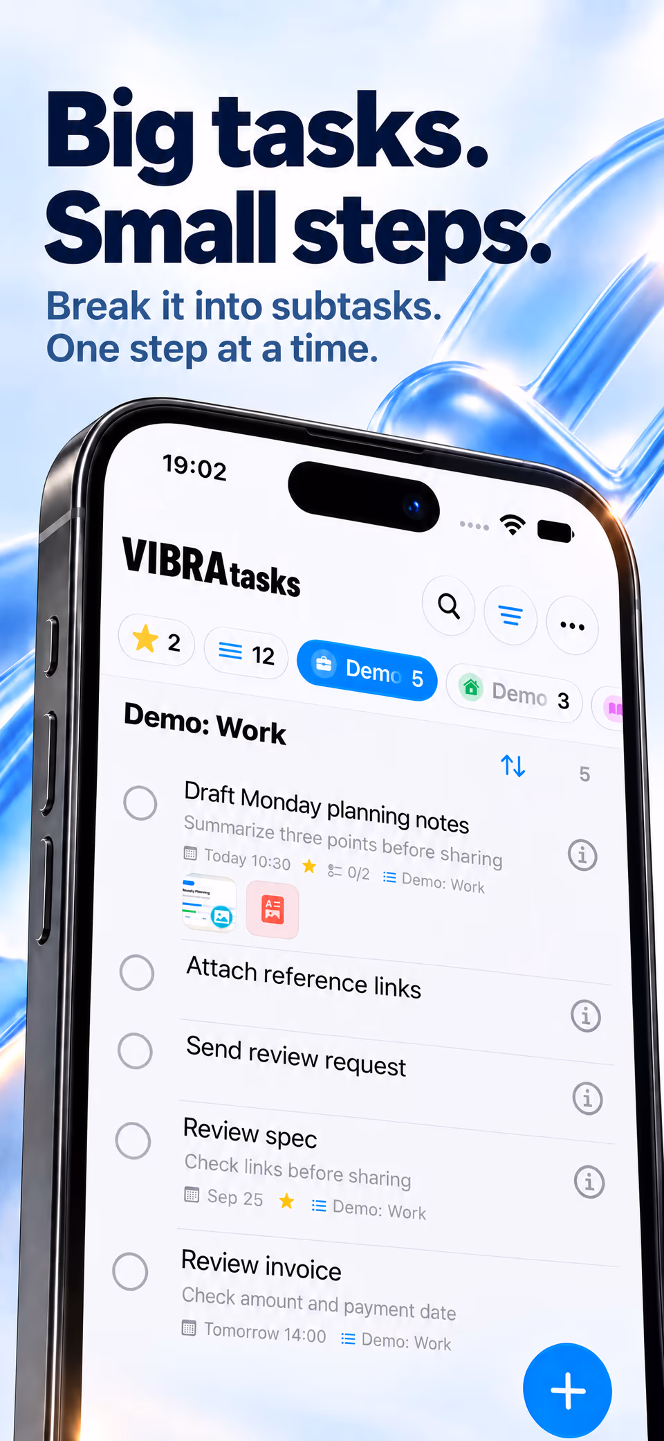 VIBRA Tasks App Store preview showing subtasks, due time, and advanced task details